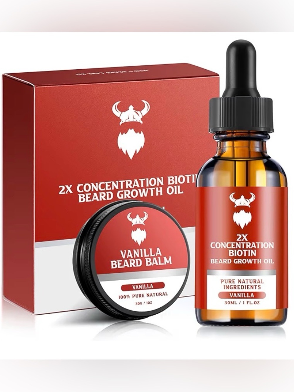 Viking Vanilla Beard Balm & 2X Biotin Beard Growth Oil - Red